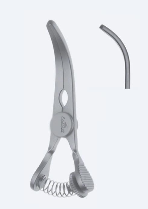 Зажими типу бульдог, атравматичні, Glover, з регульованим тиском закриття, вигнуті, довж щел 57 мм, довжина 105 мм. Бренд - Asanus Medizintechnik Gmb, Німеччина